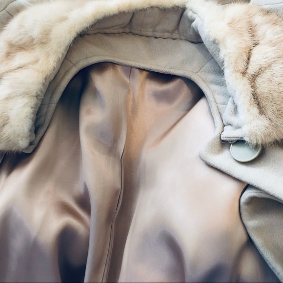 Vintage Cashmere Mink Fur Collar Pockets Coat Jacket Beige Size Large - Picture 9 of 16